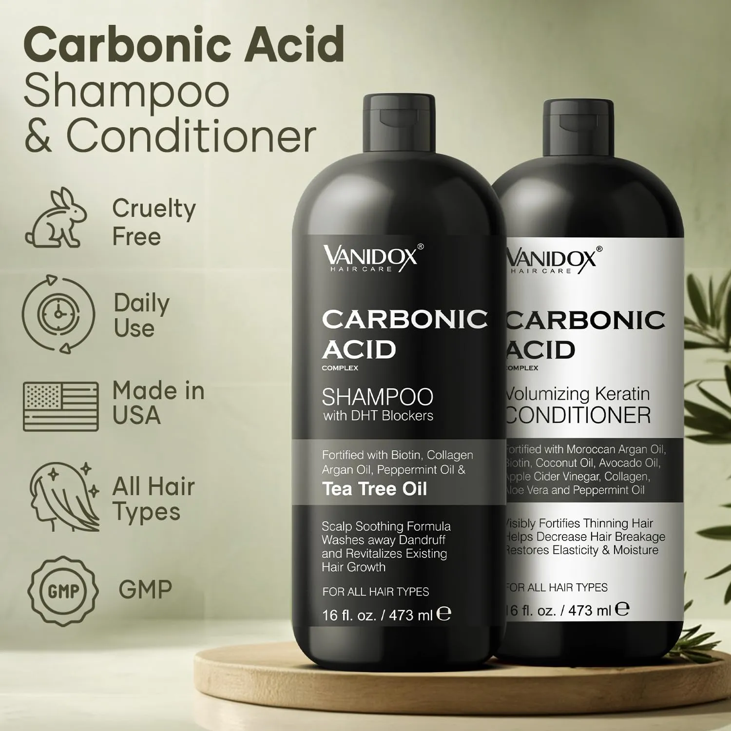 Carbonic Acid Shampoo and Conditioner for Men and Women, Deep Moisturizing Conditioner, Thickens, Softens, & Smooths Set for Hair Growth and Repair, Made in USA - 16 Fl Oz Each