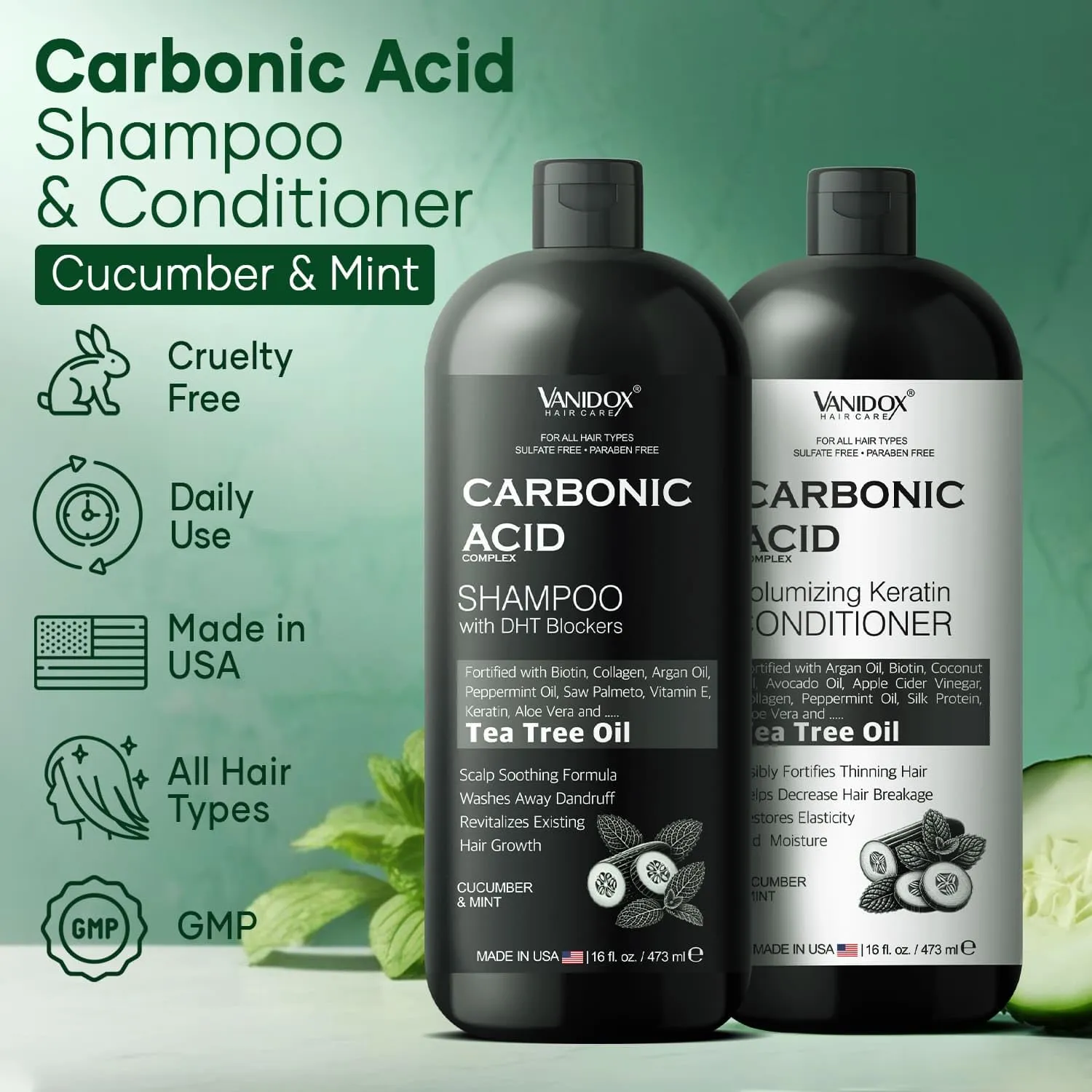Carbonic Acid Shampoo and Conditioner for Men and Women, Deep Moisturizing Set, Enhances Hair Growth and Repair, Made in USA - 16 Fl Oz Each, Cucumber and Mint Scent