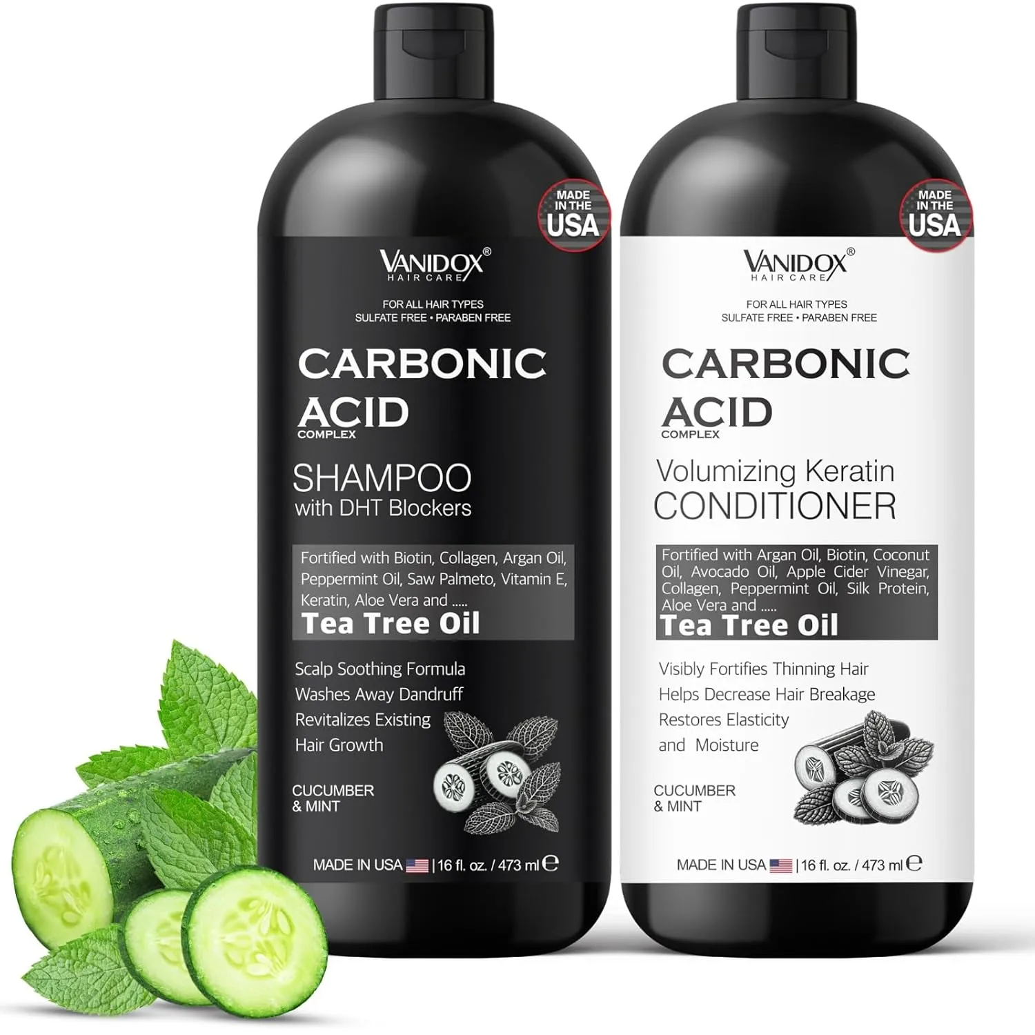 Carbonic Acid Shampoo and Conditioner for Men and Women, Deep Moisturizing Set, Enhances Hair Growth and Repair, Made in USA - 16 Fl Oz Each, Cucumber and Mint Scent