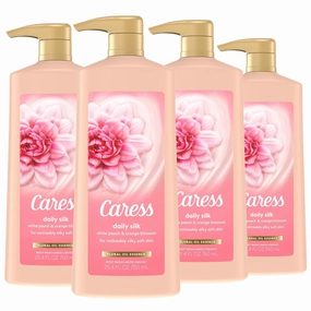 Caress Hydrating Body Wash with Pump Shower Gel For Soft, Silky Skin Daily Moisture Body Wash With Silk Extract & Floral Oil Essence, 25.4 Fl Oz (Pack of 4)