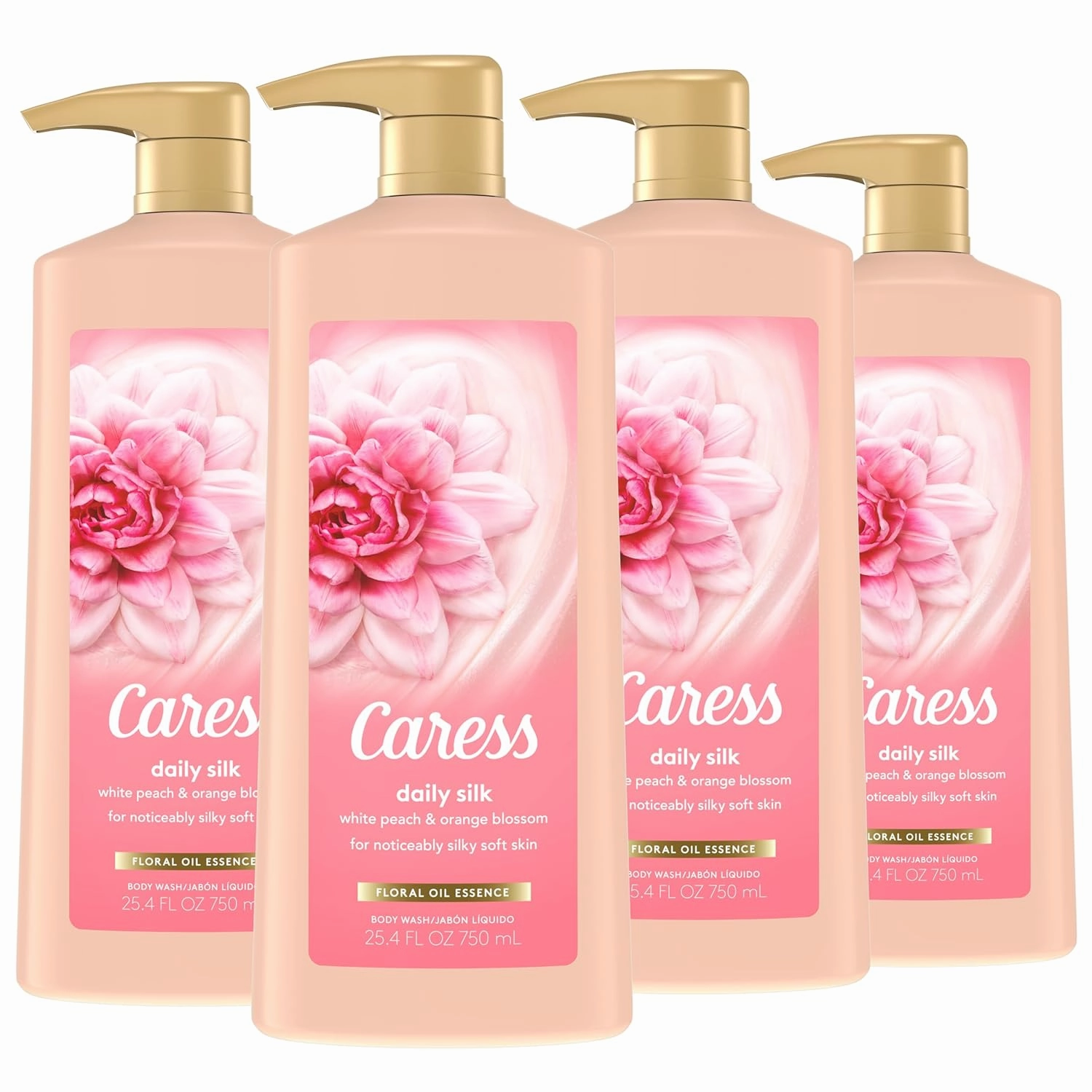 Caress Hydrating Body Wash with Pump Shower Gel For Soft, Silky Skin Daily Moisture Body Wash With Silk Extract & Floral Oil Essence, 25.4 Fl Oz (Pack of 4)