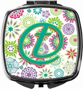 Caroline's Treasures CJ2011-TSCM Letter T Flowers Pink Teal Green Initial Compact Mirror Decorative Travel Makeup Mirror for Women Girls Gifts Pocket Makeup Mirror Folding Handheld