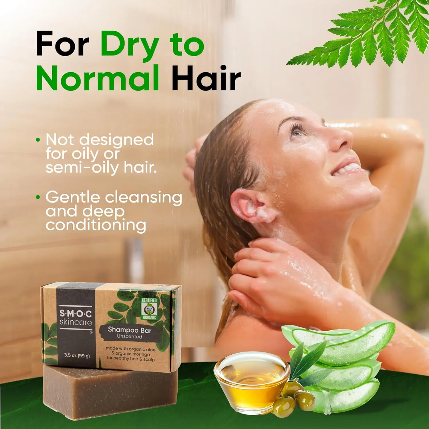 Certified Organic Shampoo Bars 3-Pack - for Dry to Normal Hair - made with Hair Nourishing Moringa, Rosemary, & Aloe - Deeply Moisturizing Gentle Cleanser - Only Organic, Food-Grade Ingredients (3)