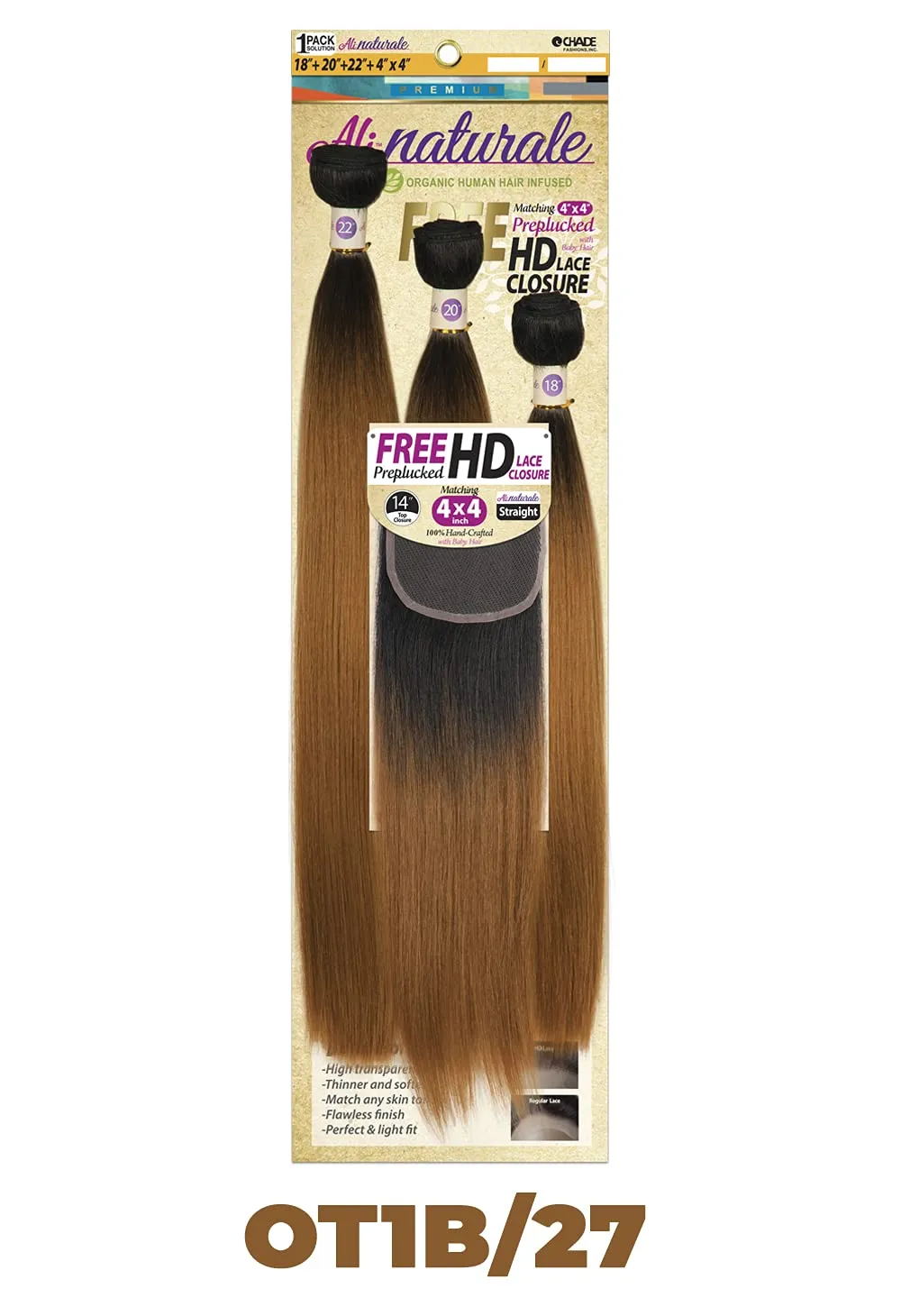 Chade Fashions Ali Naturale Weave Straight 18", 20", 22"   HD 4X4 Closure Human Hair Blended 1 Pack Solution - AN344S5 (OT1B/27)