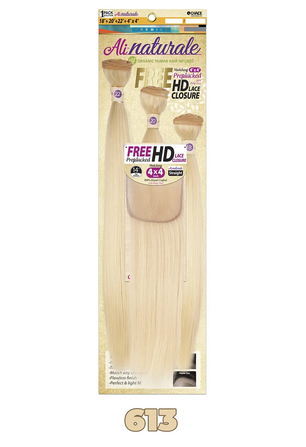 Chade Fashions Ali Naturale Weave Straight 18", 20", 22"   HD 4X4 Closure Human Hair Blended 1 Pack Solution - AN344S5 (OT1B/27)