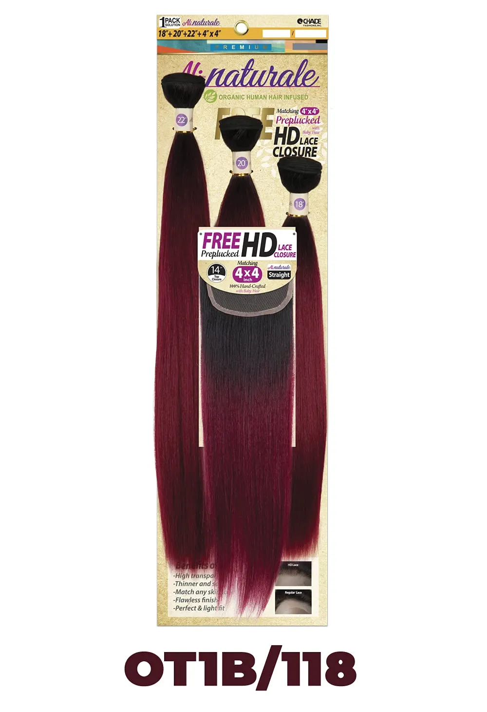 Chade Fashions Ali Naturale Weave Straight 18", 20", 22"   HD 4X4 Closure Human Hair Blended 1 Pack Solution - AN344S5 (OT1B/27)