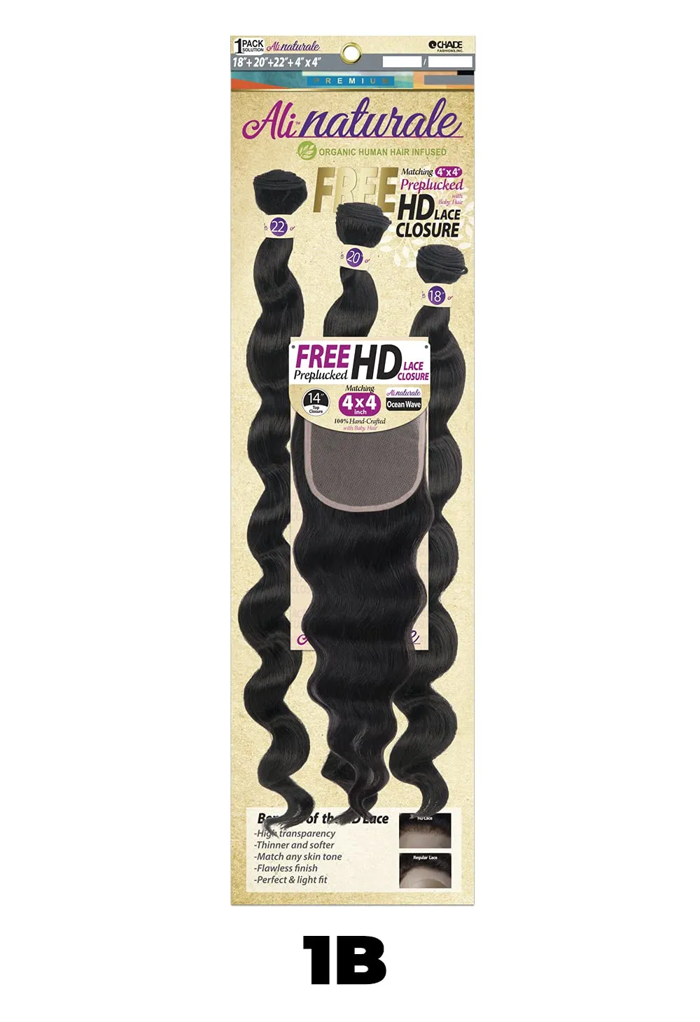 Chade Fashions Inc Chade Fashions Ali Naturale Weave Ocean Wave 18in, 20in, 22in   HD 4X4 Closure Human Hair Blended 1 Pack Solution - AN344O5 (1B)