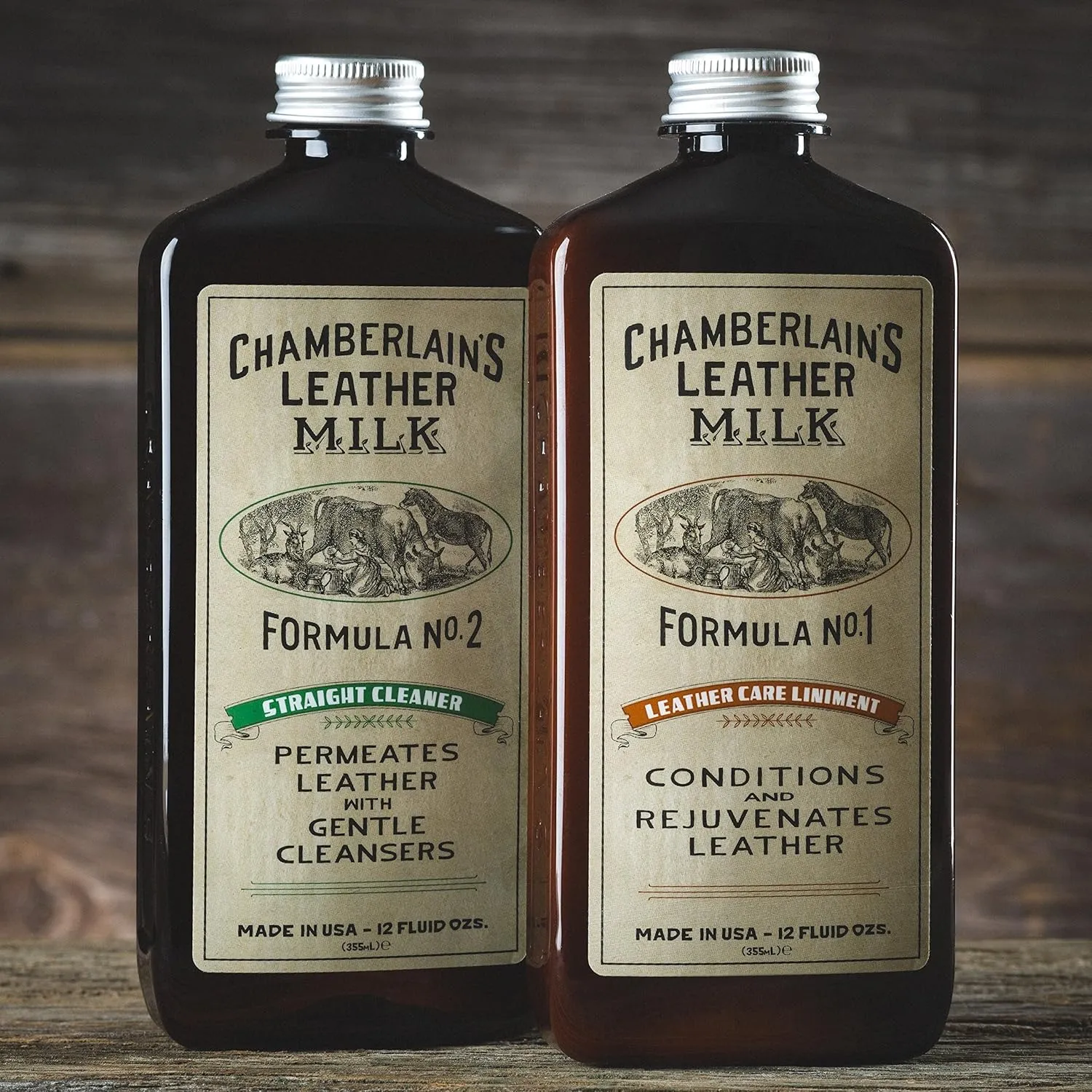 Chamberlains Leather Milk Cleaner Kit - Conditioner No. 1 and Cleaner No. 2, (2) 12 Ounce Bottles   2 Premium Restroation Pads