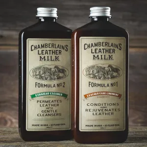 Chamberlains Leather Milk Cleaner Kit - Conditioner No. 1 and Cleaner No. 2, (2) 12 Ounce Bottles   2 Premium Restroation Pads