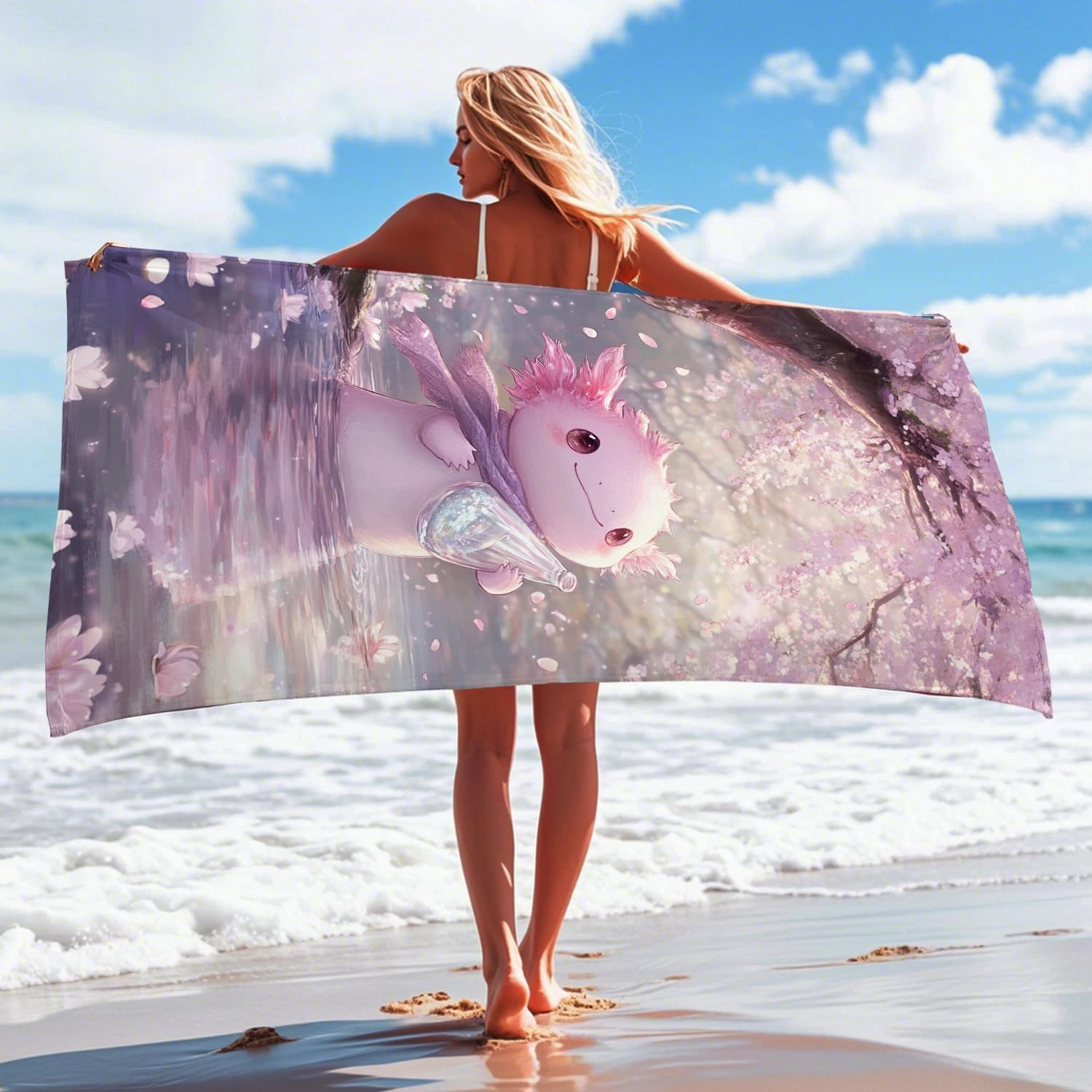 Charming Axolotl Beach Towel Cute Peach Wildlife Microfiber Sand Free Extra Large Quick Dry Lightweight Bath Towel, Travel Pool Picnic Essentials 62x31 Inch