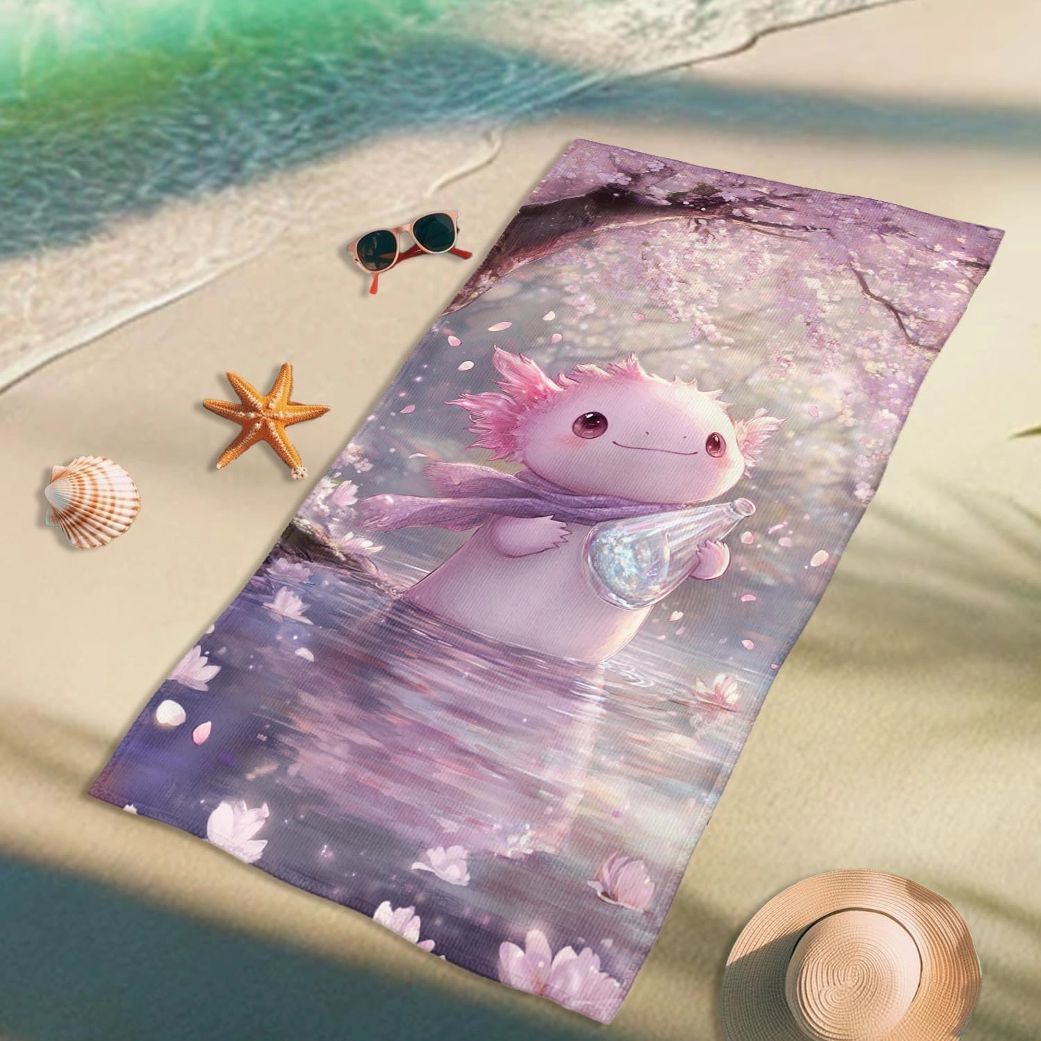 Charming Axolotl Beach Towel Cute Peach Wildlife Microfiber Sand Free Extra Large Quick Dry Lightweight Bath Towel, Travel Pool Picnic Essentials 62x31 Inch