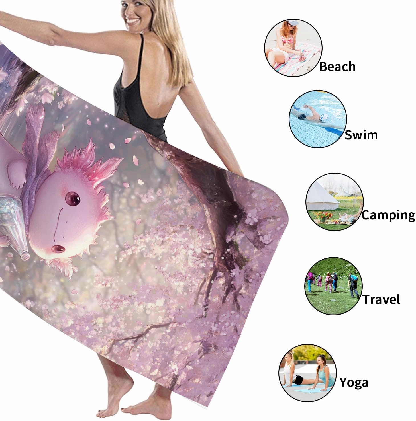 Charming Axolotl Beach Towel Cute Peach Wildlife Microfiber Sand Free Extra Large Quick Dry Lightweight Bath Towel, Travel Pool Picnic Essentials 62x31 Inch