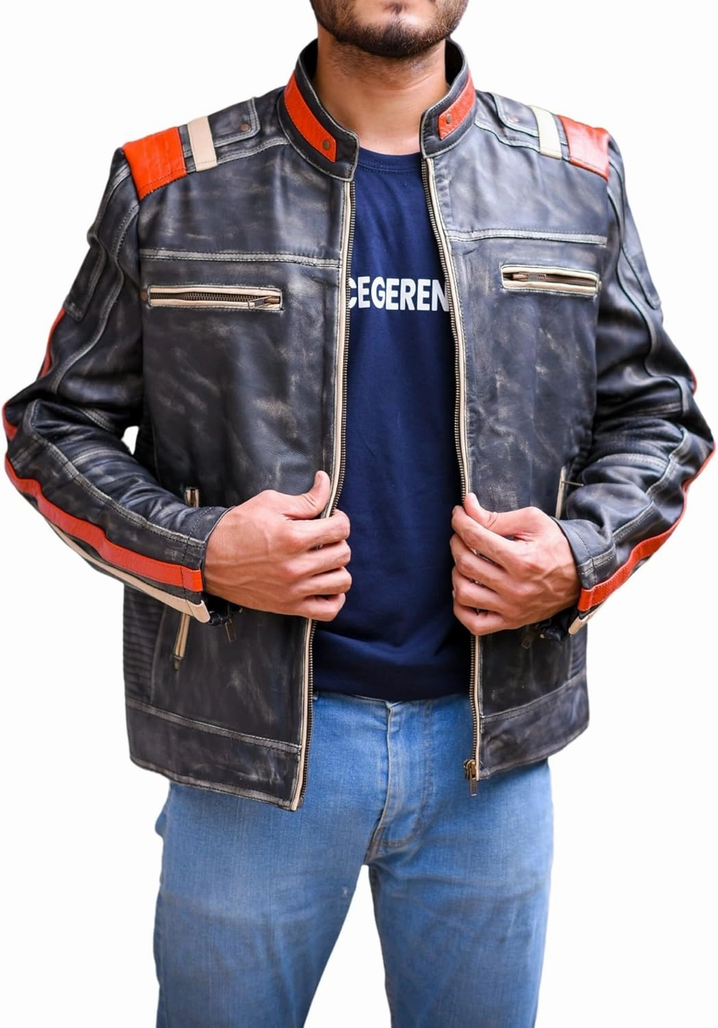 CHAYELL Cafe Racer Retro Motorcycle Leather Jacket Mens Vintage Biker Distressed Black Jacket