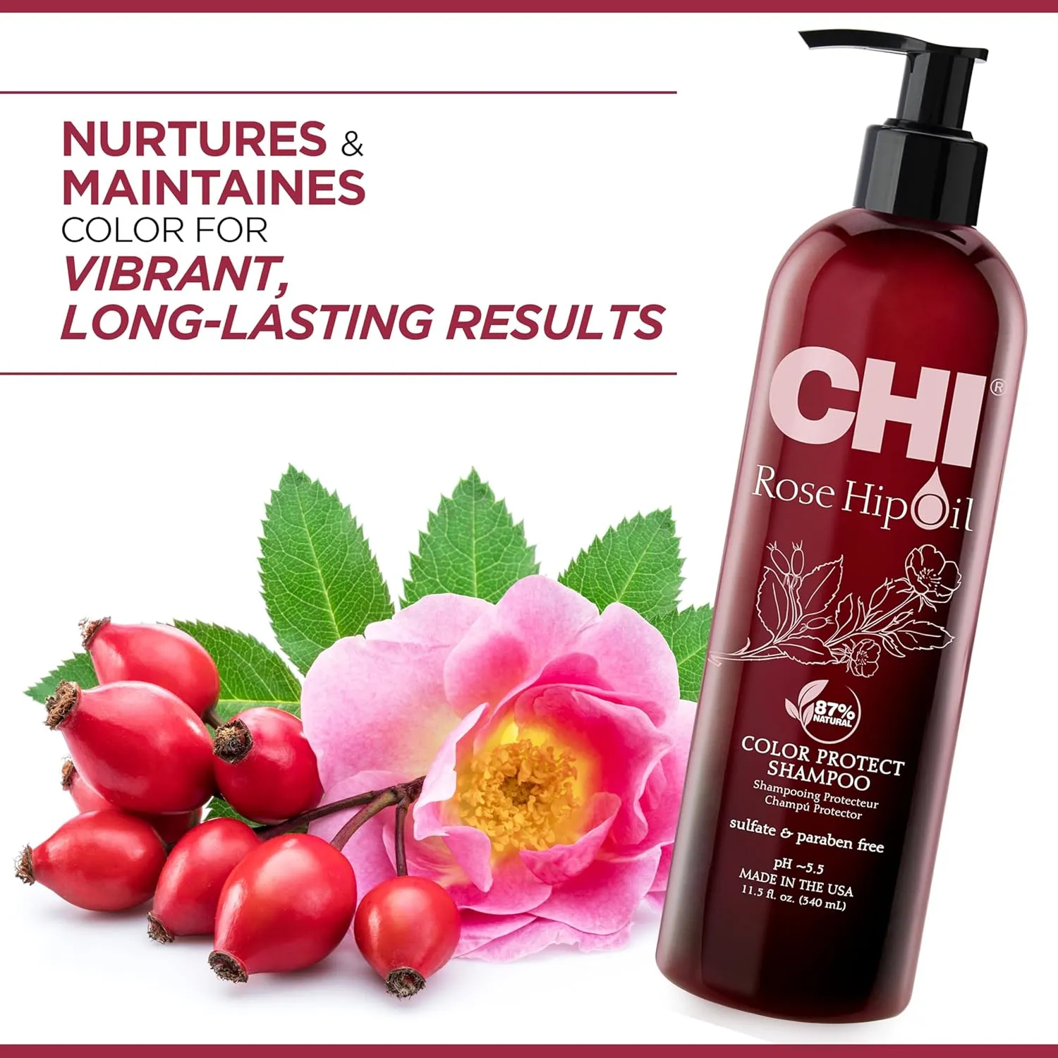 CHI Rosehip Oil Protecting Shampoo, Gently Cleanses Color-Treated Hair & Helps Retain Color, Sulfate, Paraben, & Cruelty-Free, 11.5 Oz