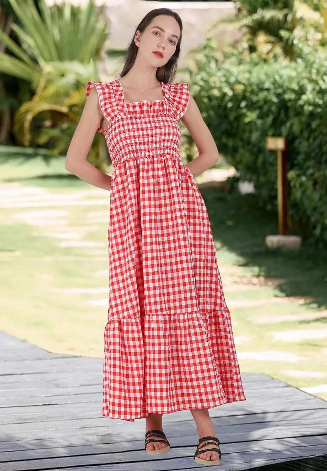 chouyatou Women's Retro Plaid Smocked Dress Spaghetti Strap Flounce Long Dress