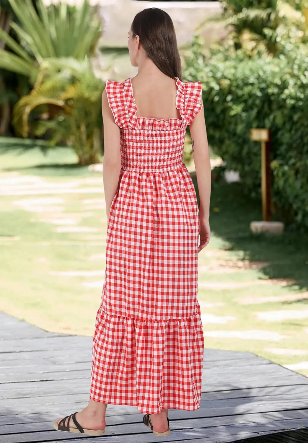 chouyatou Women's Retro Plaid Smocked Dress Spaghetti Strap Flounce Long Dress