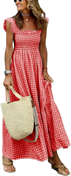 chouyatou Women's Retro Plaid Smocked Dress Spaghetti Strap Flounce Long Dress