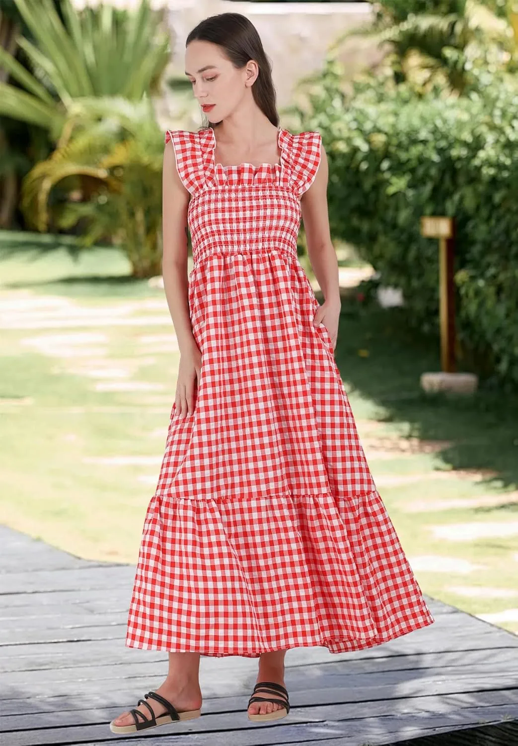 chouyatou Women's Retro Plaid Smocked Dress Spaghetti Strap Flounce Long Dress