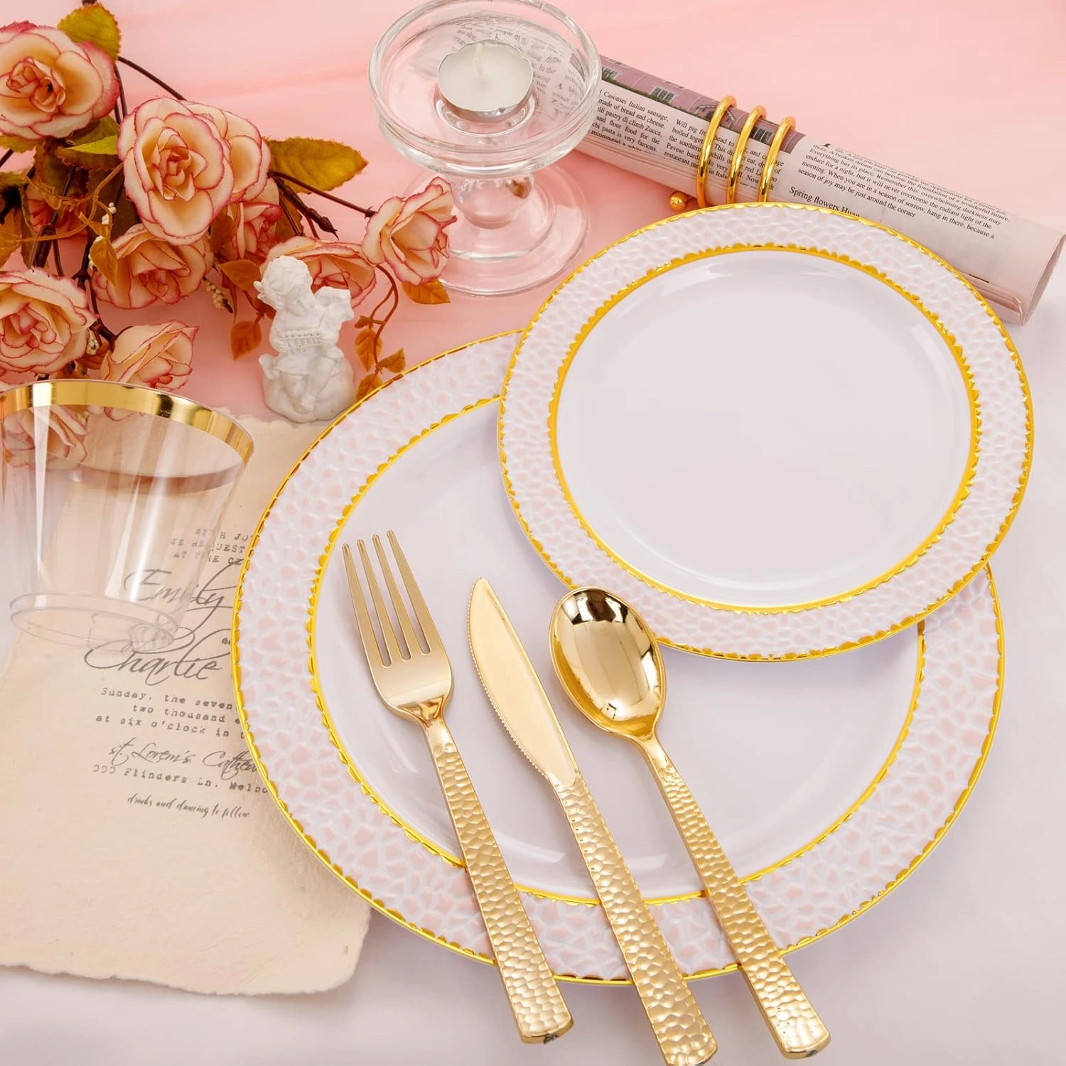 Ciaell 150PCS Pink Plastic Plates – Disposable Pink and Gold Plates Set include 50Plates, 25Forks, 25Knives, 25Spoons, 25Cups for Wedding & Party