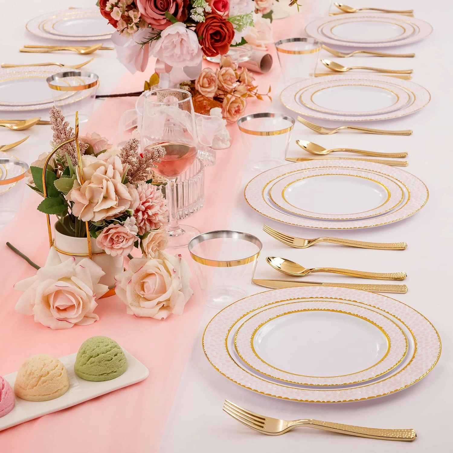 Ciaell 150PCS Pink Plastic Plates – Disposable Pink and Gold Plates Set include 50Plates, 25Forks, 25Knives, 25Spoons, 25Cups for Wedding & Party