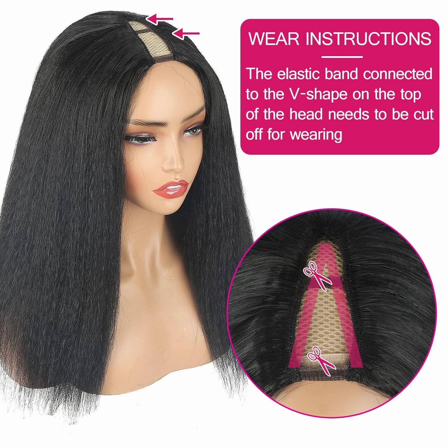 Cinhoo Kinky Straight V Part Wig for Black Women - Long V Shape Synthetic Kinky Straight U Part Wig - No Leave Out - Daily Use (1B#, 20inch)
