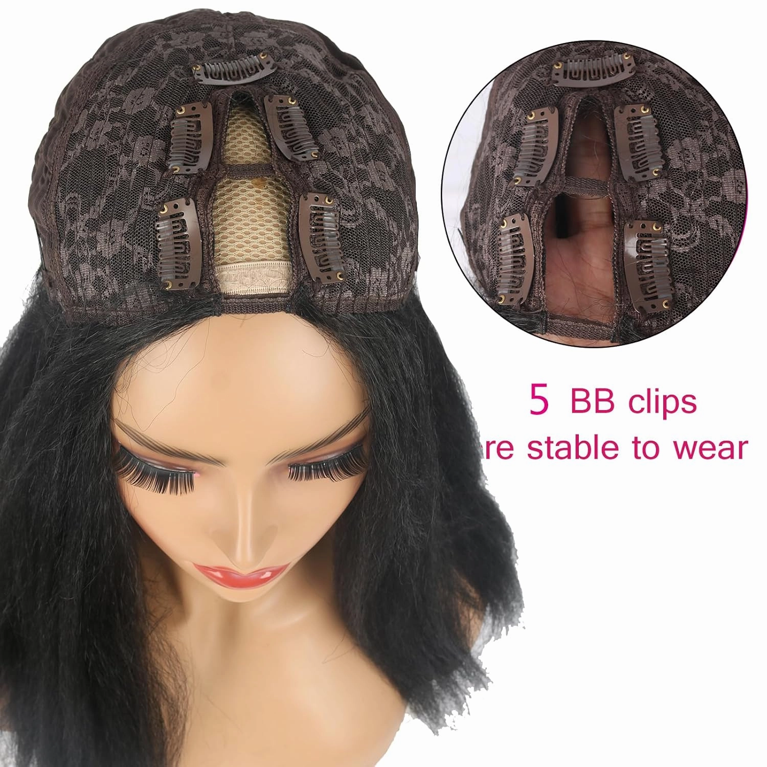 Cinhoo Kinky Straight V Part Wig for Black Women - Long V Shape Synthetic Kinky Straight U Part Wig - No Leave Out - Daily Use (1B#, 20inch)