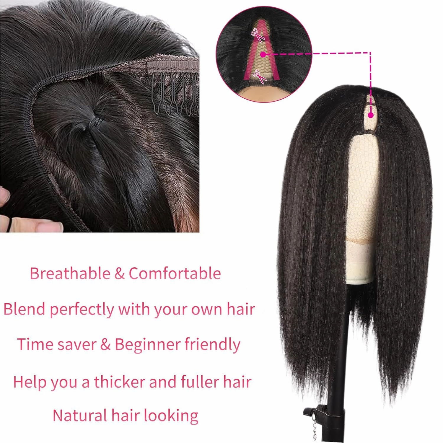 Cinhoo Kinky Straight V Part Wig for Black Women - Long V Shape Synthetic Kinky Straight U Part Wig - No Leave Out - Daily Use (1B#, 20inch)