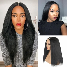 Cinhoo Kinky Straight V Part Wig for Black Women - Long V Shape Synthetic Kinky Straight U Part Wig - No Leave Out - Daily Use (1B#, 20inch)