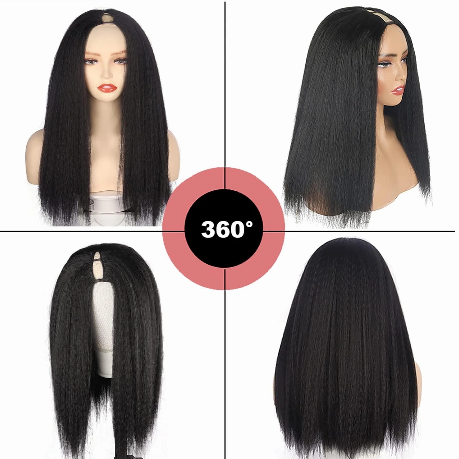 Cinhoo Kinky Straight V Part Wig for Black Women - Long V Shape Synthetic Kinky Straight U Part Wig - No Leave Out - Daily Use (1B#, 20inch)