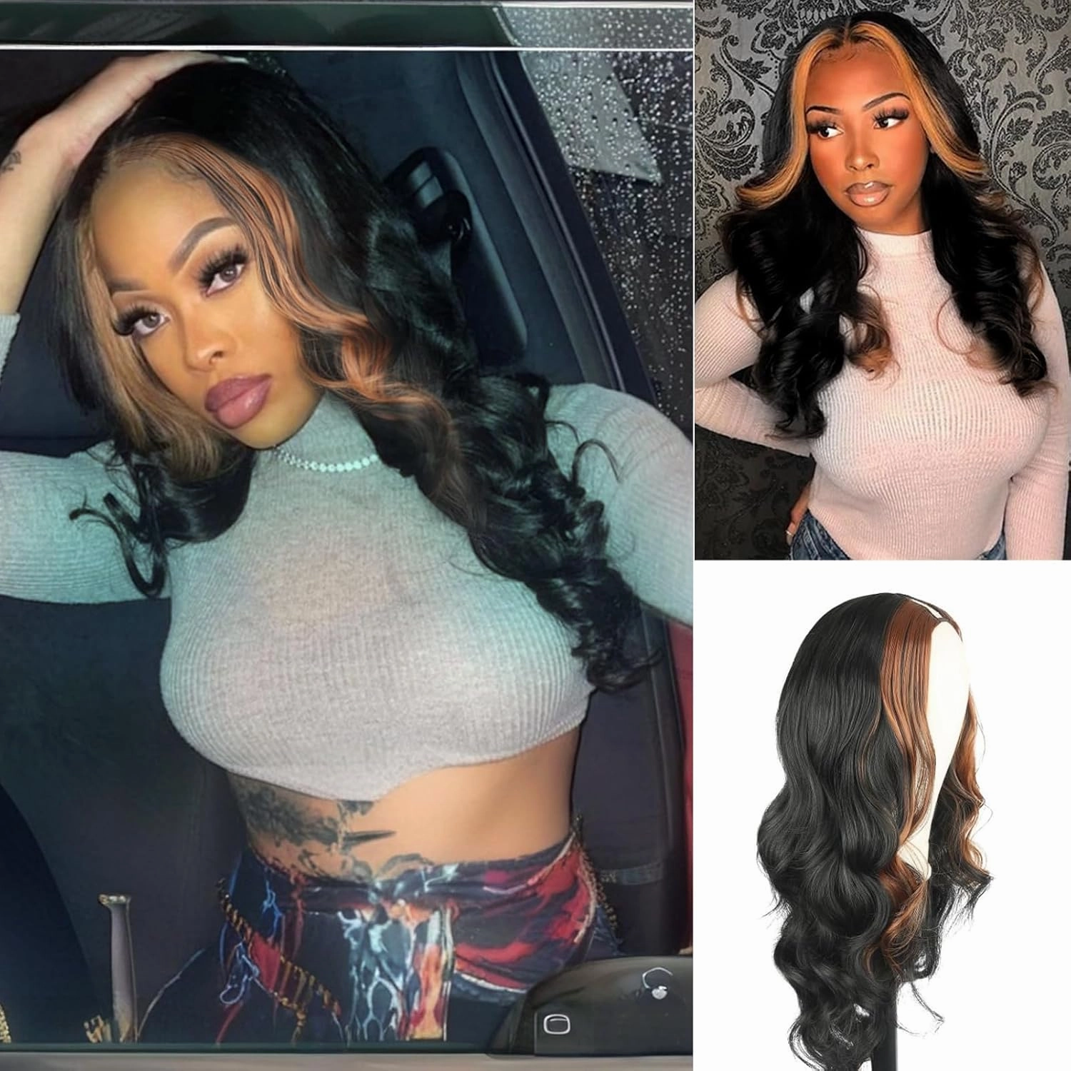 CINHOO Long Body Wave V Part Wigs for Black Women Black V Shape Wigs with Brown Highlights Synthetic Glueluss No Leave Out Wig Upgrade U Part Wig for Black Women(1B/30#), 24 Inch