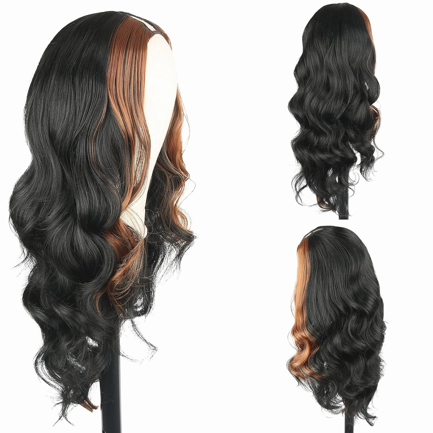 CINHOO Long Body Wave V Part Wigs for Black Women Black V Shape Wigs with Brown Highlights Synthetic Glueluss No Leave Out Wig Upgrade U Part Wig for Black Women(1B/30#), 24 Inch