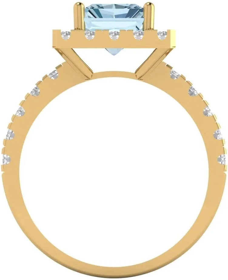 Clara Pucci 3.90ct Emerald Cut Solitaire Halo Natural Light Blue Aquamarine Designer Anniversary Bridal Engagement Ring 14k Yellow Gold