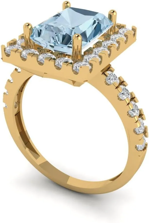 Clara Pucci 3.90ct Emerald Cut Solitaire Halo Natural Light Blue Aquamarine Designer Anniversary Bridal Engagement Ring 14k Yellow Gold