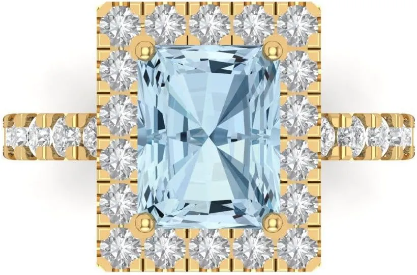 Clara Pucci 3.90ct Emerald Cut Solitaire Halo Natural Light Blue Aquamarine Designer Anniversary Bridal Engagement Ring 14k Yellow Gold