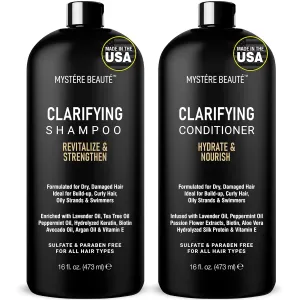Clarifying Shampoo and Conditioner Set- Hydrating, Calming & Removes Buildup, For All Hair Types, Clarifying Cleanse for Dirt, Oil & Hard Water Buildup, for Men Women MYSTÉRE BEAUTÉ - 16 fl oz each