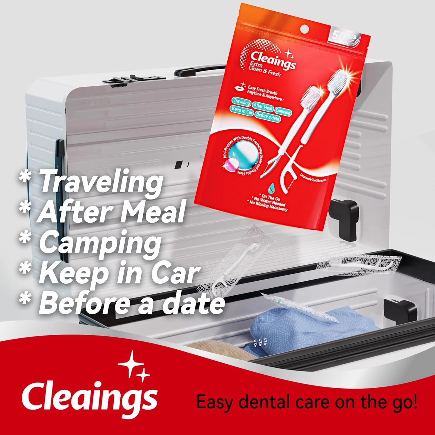 cleaings® Disposable Toothbrushes with Double Cleaning Beads Toothpaste and Clean Floss Picks for Work or Travel - 50 pcs-Mint Flavor（Pack of 1）