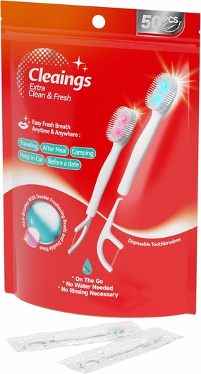 cleaings® Disposable Toothbrushes with Double Cleaning Beads Toothpaste and Clean Floss Picks for Work or Travel - 50 pcs-Mint Flavor（Pack of 1）