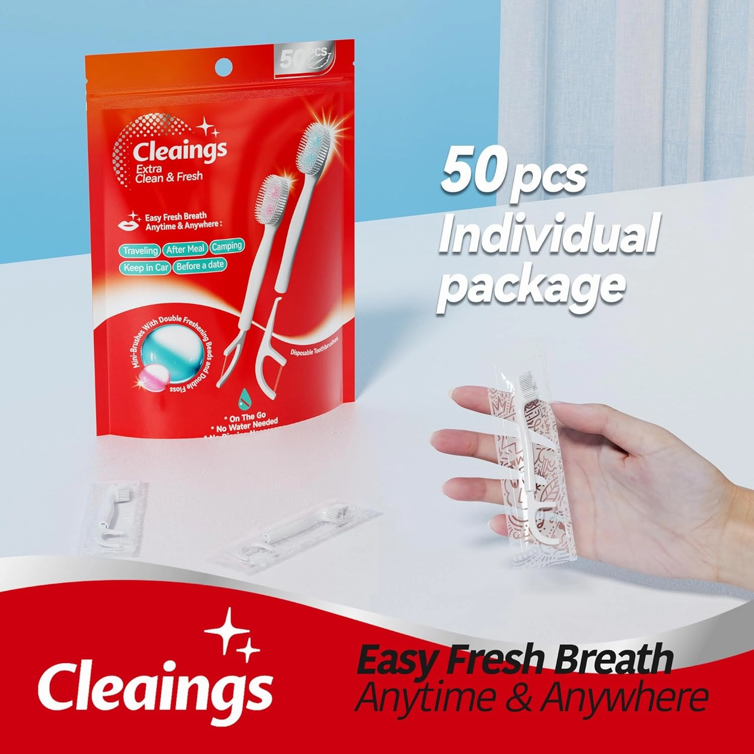 cleaings® Disposable Toothbrushes with Double Cleaning Beads Toothpaste and Clean Floss Picks for Work or Travel - 50 pcs-Mint Flavor（Pack of 1）