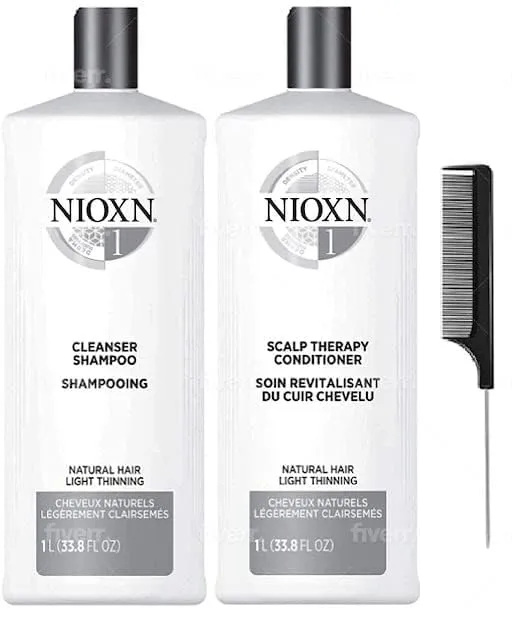 Cleanser Shampoo & Scalp Therapy Conditioner Set, Black Steel Comb, Hair Thickening Natural Hair Growth, Men & Women 33.8 oz (System 1), Grey