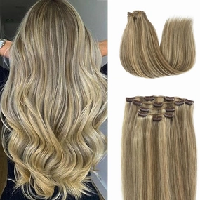Clip In Hair Extensions 12 Inch 5pcs Straight Brown to Blonde Hair Extensions Human Hair Double Weft Soft & Durable Hairpieces For Women Full Head(#18P613)