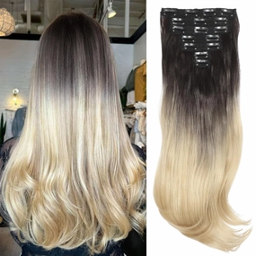 Clip in Hair Extensions 6PCS 20 Inch - Black to Bleach Blonde Ombre Synthetic Hair with Seamless Removable Clips for Women, Natural Look for Daily & Party Use