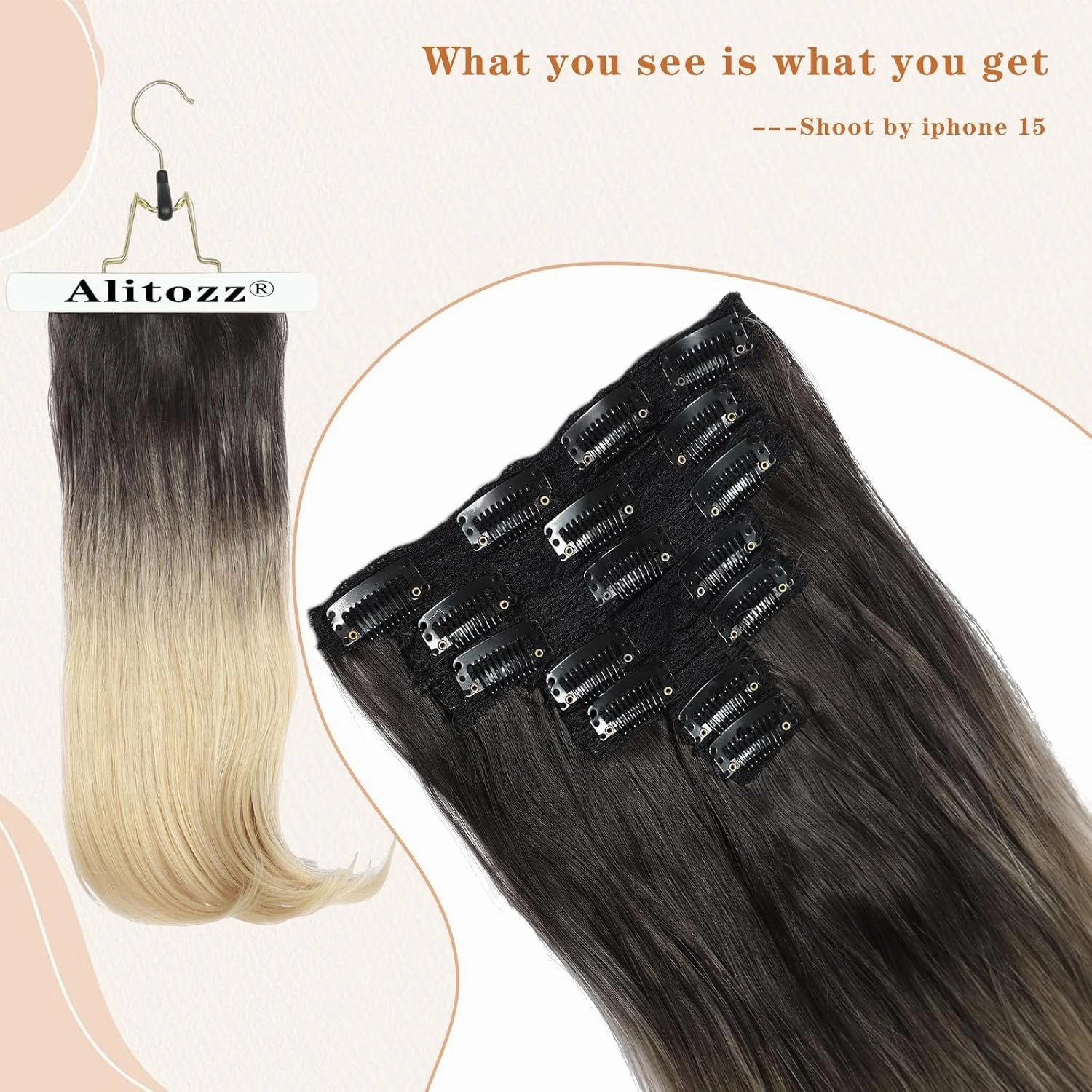 Clip in Hair Extensions 6PCS 20 Inch - Black to Bleach Blonde Ombre Synthetic Hair with Seamless Removable Clips for Women, Natural Look for Daily & Party Use