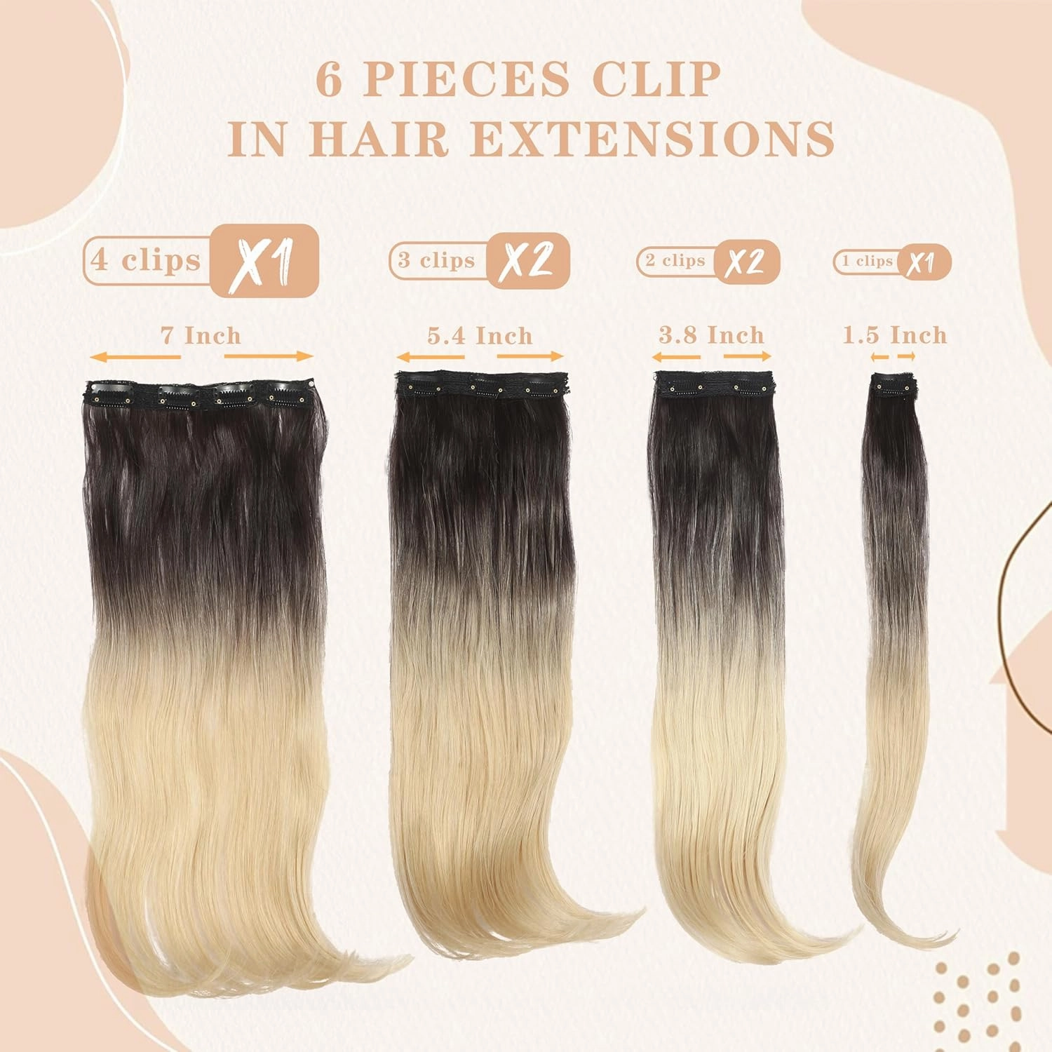 Clip in Hair Extensions 6PCS 20 Inch - Black to Bleach Blonde Ombre Synthetic Hair with Seamless Removable Clips for Women, Natural Look for Daily & Party Use