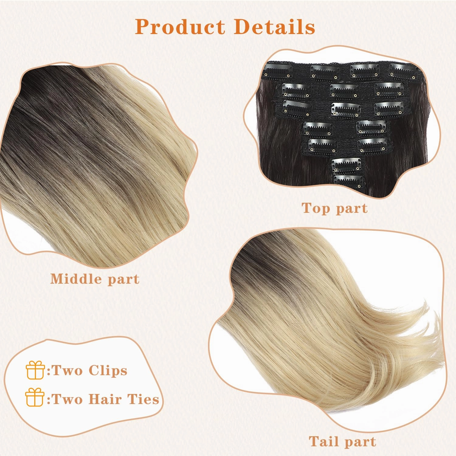 Clip in Hair Extensions 6PCS 20 Inch - Black to Bleach Blonde Ombre Synthetic Hair with Seamless Removable Clips for Women, Natural Look for Daily & Party Use