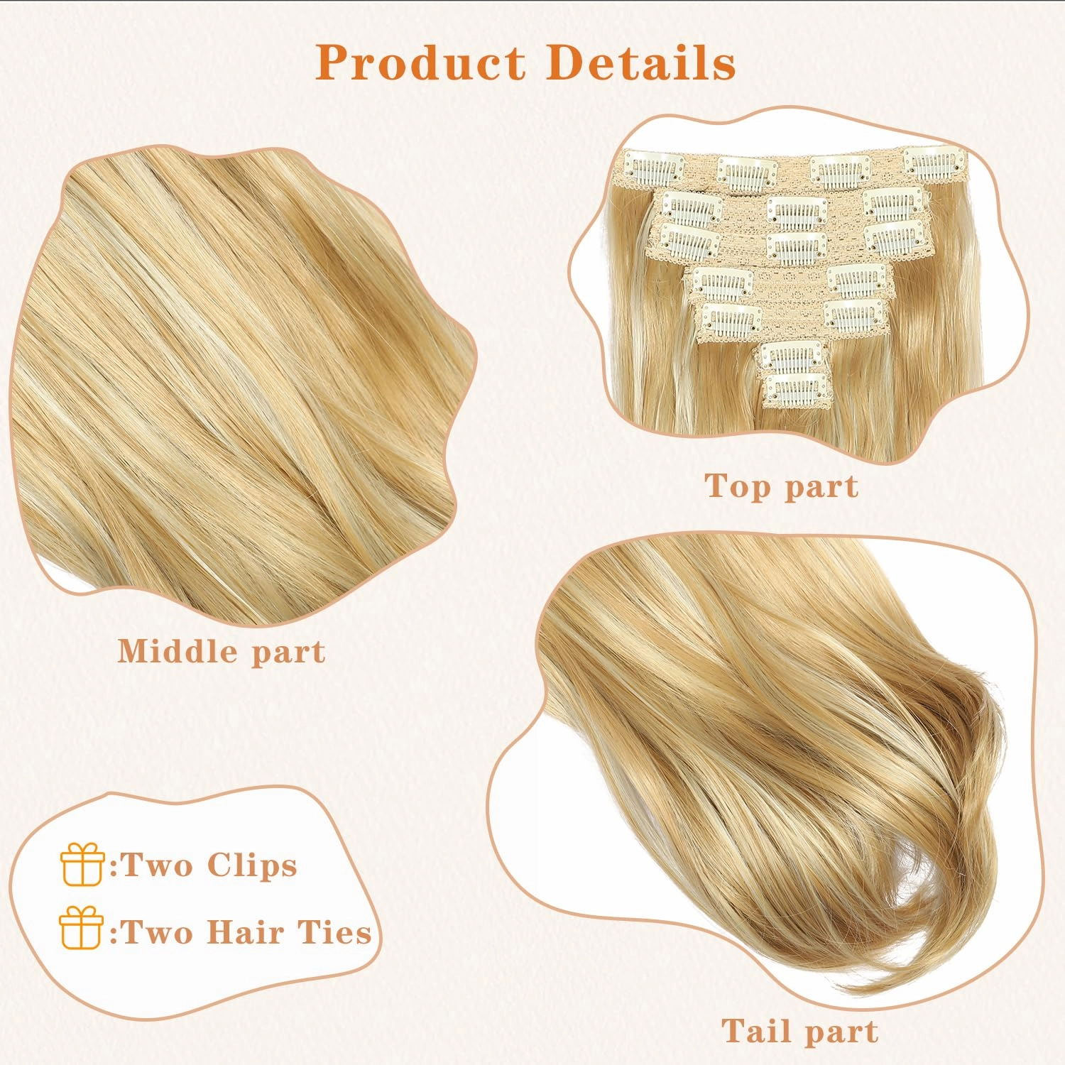 Clip in Hair Extensions 6PCS 20 Inch - Golden Blonde Mixed Highlights Synthetic Hair with Seamless Removable Clips for Women, Natural Look for Daily & Party Use