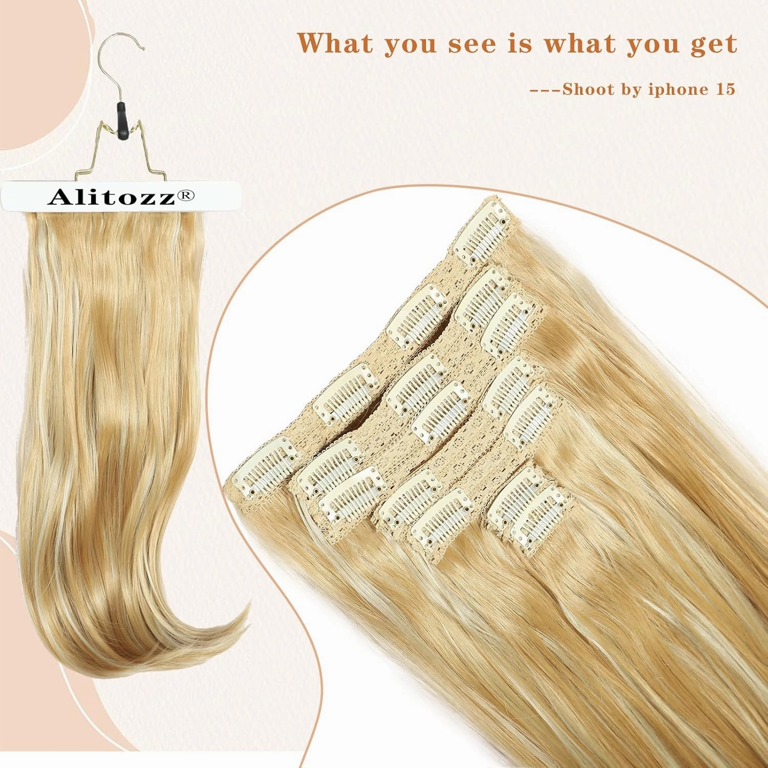 Clip in Hair Extensions 6PCS 20 Inch - Golden Blonde Mixed Highlights Synthetic Hair with Seamless Removable Clips for Women, Natural Look for Daily & Party Use