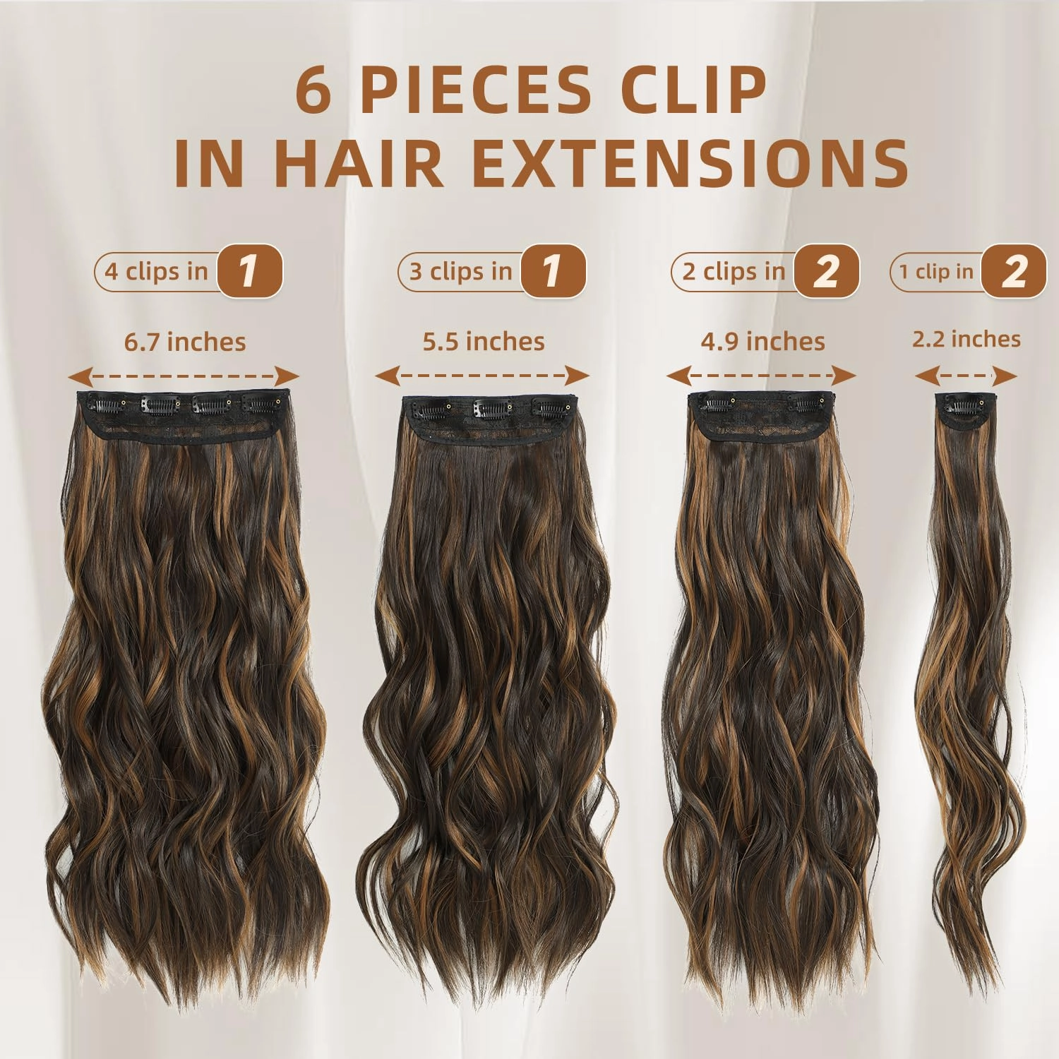 Clip in Hair Extensions, Highlight balayage dark brown Hair Extensions, 6 PCS Hairpieces, Natural & Blends Well (20inch, 6pcs, Dark roasted coffee & Caraamel brown)