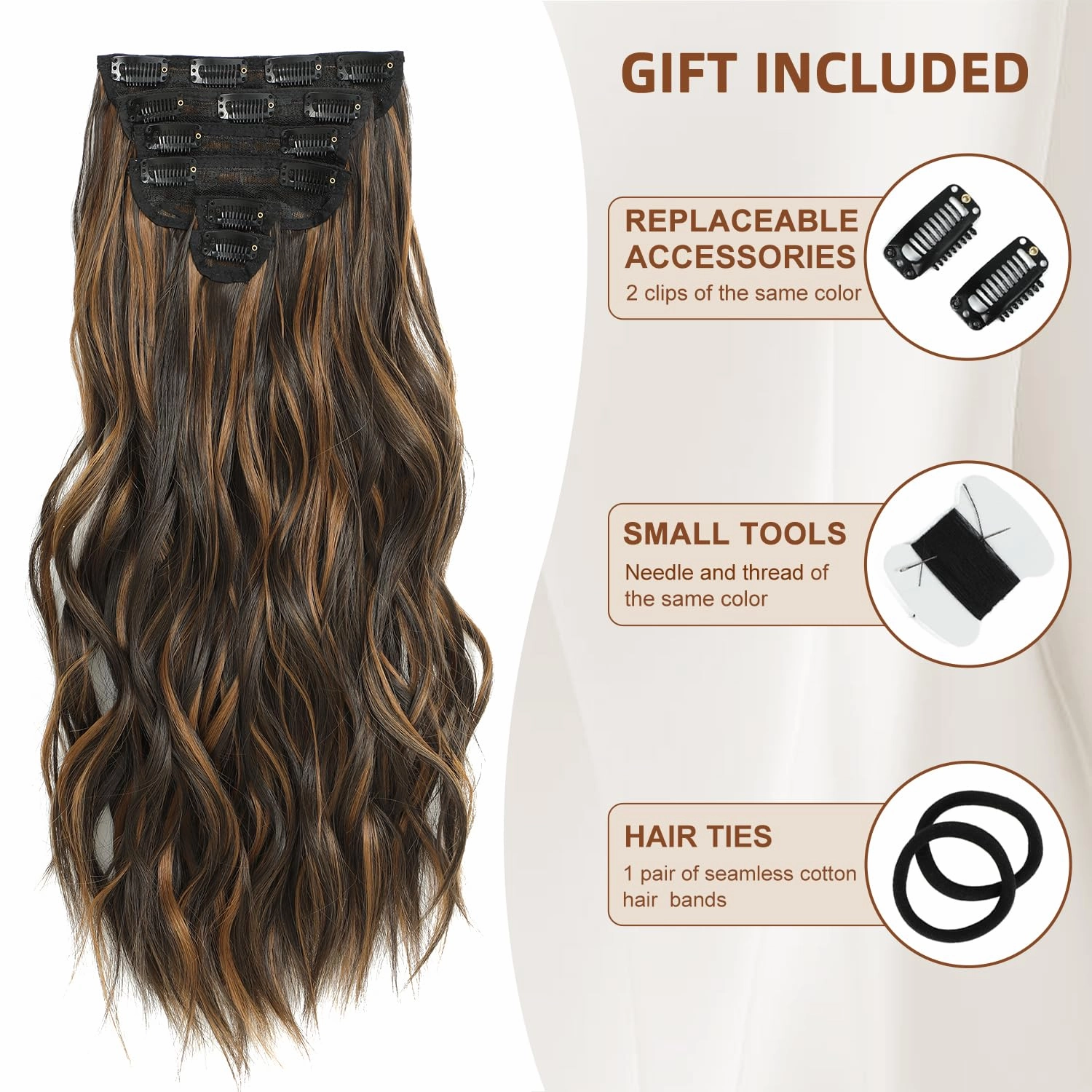 Clip in Hair Extensions, Highlight balayage dark brown Hair Extensions, 6 PCS Hairpieces, Natural & Blends Well (20inch, 6pcs, Dark roasted coffee & Caraamel brown)