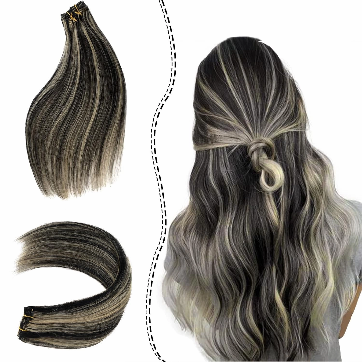 Clip in Hair Extensions, OiMiGO Blonde Highlights Human Hair Extensions Black and Honey Blonde Clip ins 5Pcs 12Inch 70g Invisible Clips Straight Blonde Highlighted Clips on Extension