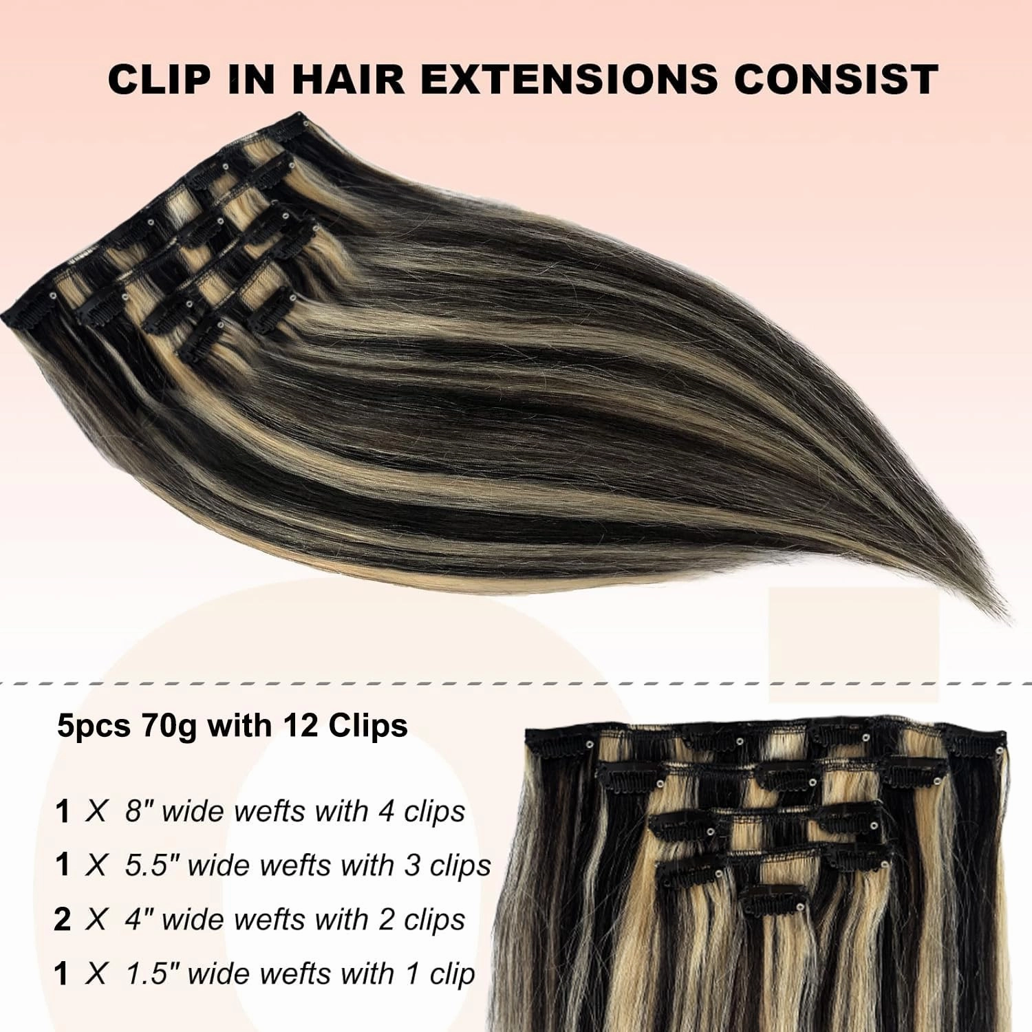 Clip in Hair Extensions, OiMiGO Blonde Highlights Human Hair Extensions Black and Honey Blonde Clip ins 5Pcs 12Inch 70g Invisible Clips Straight Blonde Highlighted Clips on Extension